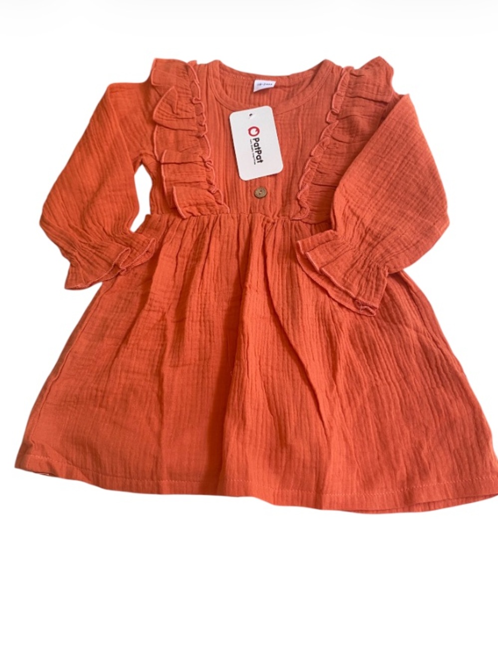 Pat Pat Ruffled Long-Sleeve Dress Cotton Muslin Terracotta NWT 18-24 months